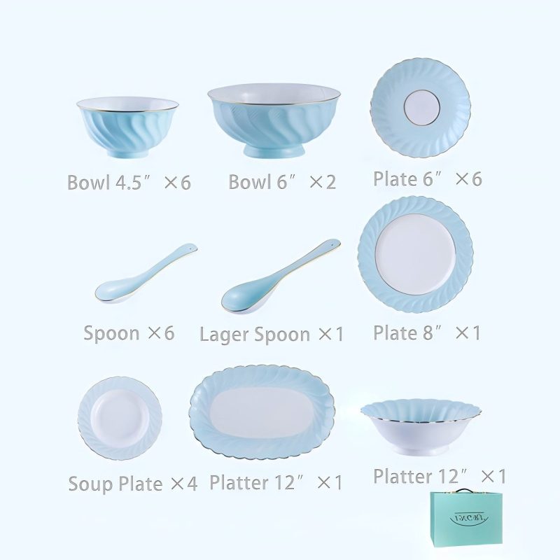 Handgefertigtes Bone-China-Geschirrset Ocean Blue mit echtem Goldrand INGRI Ocean Blue Handcrafted Bone China Dinnerware Set with Gold Rim - 10