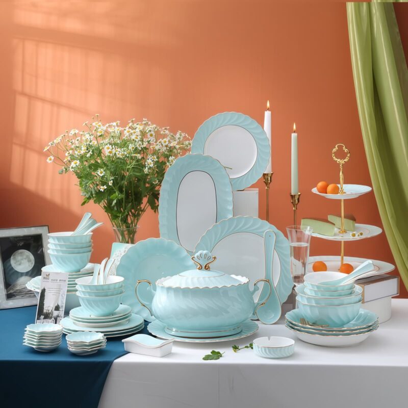 Handgefertigtes Bone-China-Geschirrset Ocean Blue mit echtem Goldrand INGRI Ocean Blue Handcrafted Bone China Dinnerware Set with Gold Rim - 15