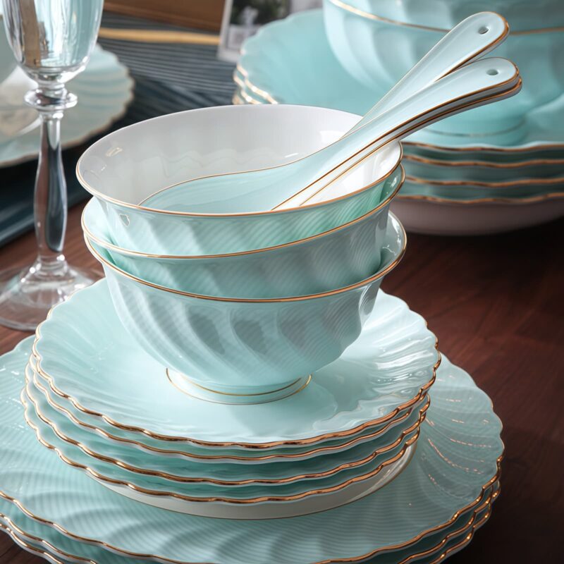 Handgefertigtes Bone-China-Geschirrset Ocean Blue mit echtem Goldrand INGRI Ocean Blue Handcrafted Bone China Dinnerware Set with Gold Rim - 8