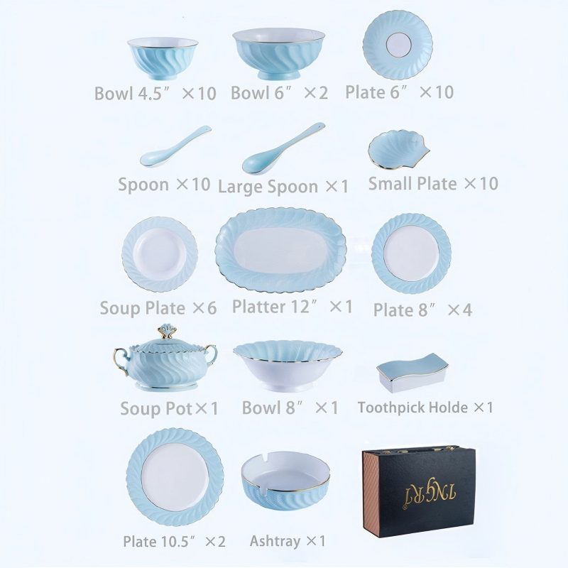 Handgefertigtes Bone-China-Geschirrset Ocean Blue mit echtem Goldrand INGRI Ocean Blue Handcrafted Bone China Dinnerware Set with Gold Rim - 16