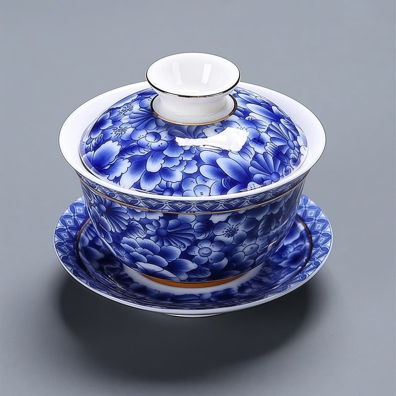 Blau-weißes Gongfu-Teeservice aus Porzellan mit Blumenmuster Blue & White Floral Porcelain Chinese Gongfu Tea Set - 9/22 Pcs - 1