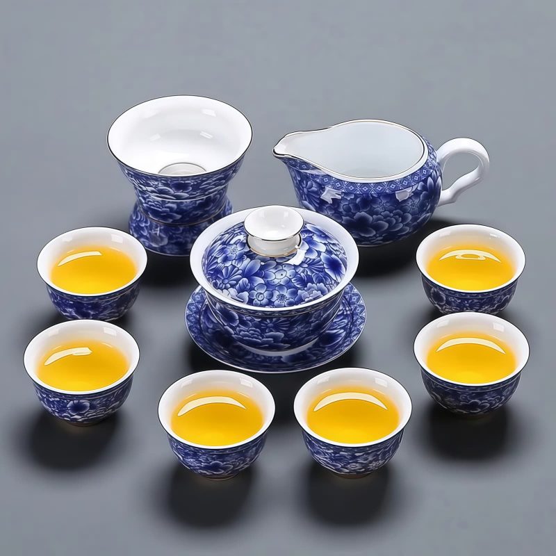 Blau-weißes Gongfu-Teeservice aus Porzellan mit Blumenmuster Blue & White Floral Porcelain Chinese Gongfu Tea Set - 9/22 Pcs - 6