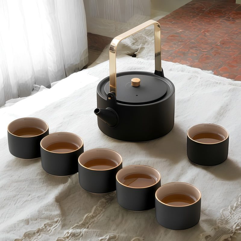 Japanisches Keramik-Teeservice in Schwarz-Gold Black Gold Ceramic Japanese Tea Set - 7 Piece Tilang Teapot & Cups - 9