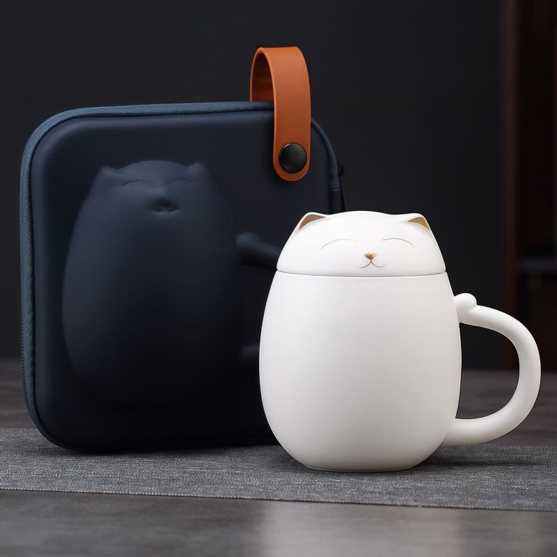 Lucky Cat Porcelain Travel Tea Mug with Infuser & Lid | 13.5 OZ - 7