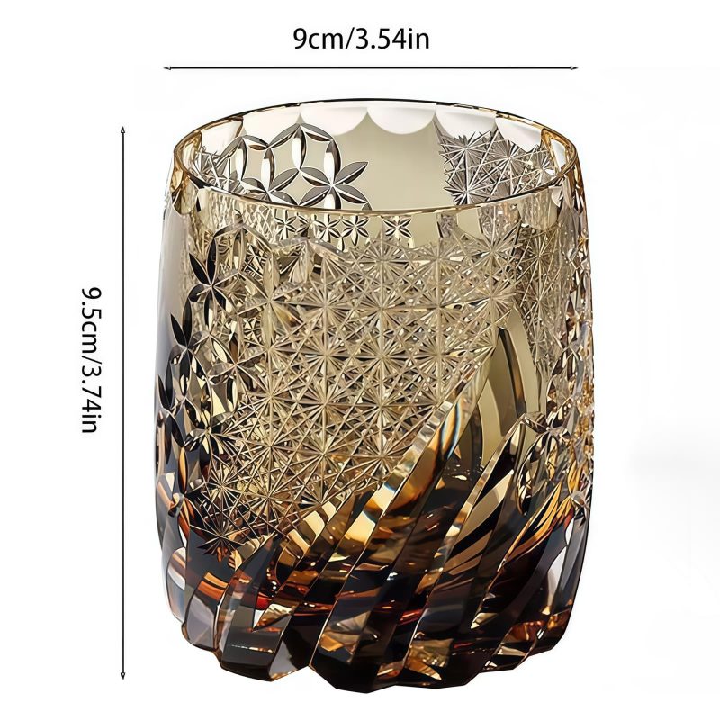 Edo-Kiriko-Whiskyglas aus bernsteinfarbenem Kristall mit edler Holzbox Edo Kiriko Amber Whisky Glass with Wooden Box - Artisan Made - 8