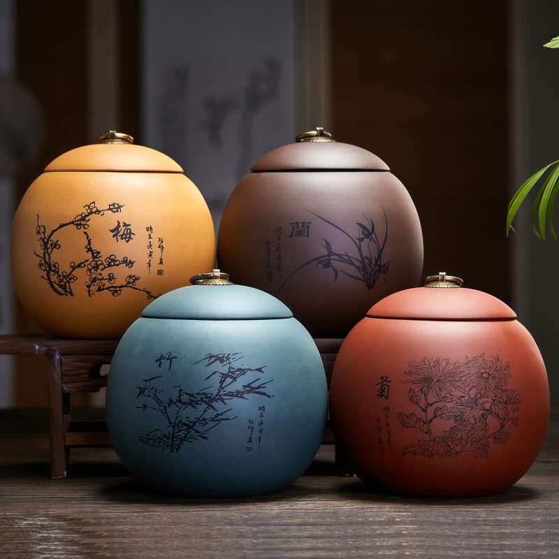 Runde Teedose aus Yixing-Ton mit Motiv der „Vier Edlen“ Yixing Purple Clay Round Tea Caddy | Four Gentlemen Design - 2