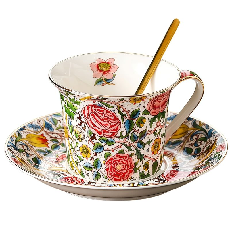 Hand-Painted Floral & Fruit Porcelain Cup & Saucer Set with 24K Gold - 6