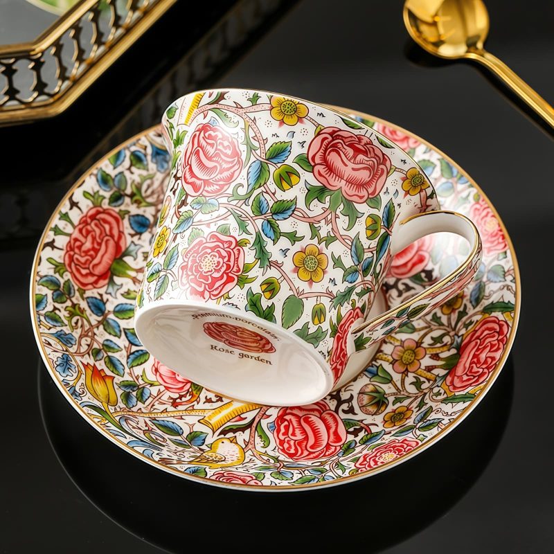Hand-Painted Floral & Fruit Porcelain Cup & Saucer Set with 24K Gold - 1