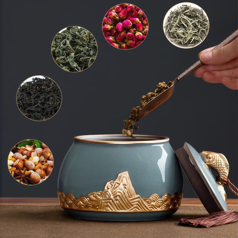 Handbemalte Keramik-Teedose „Wellen und Fische“ Waves & Fish Hand-Painted Ceramic Tea Caddy - Loose Leaf Storage - 7