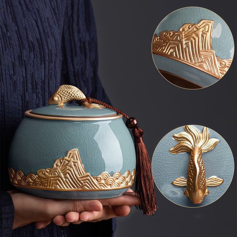 Handbemalte Keramik-Teedose „Wellen und Fische“ Waves & Fish Hand-Painted Ceramic Tea Caddy - Loose Leaf Storage - 5