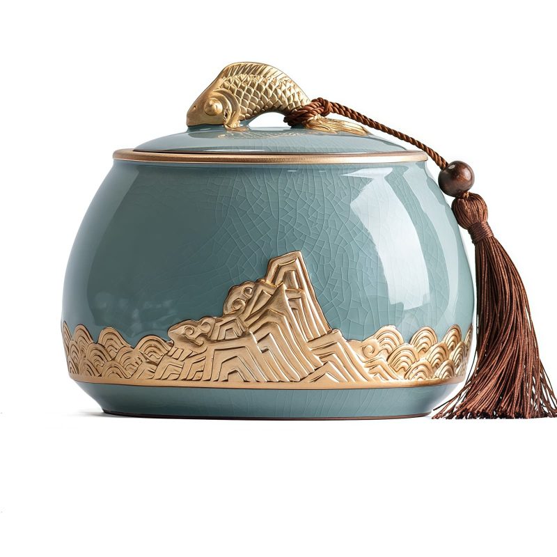 Handbemalte Keramik-Teedose „Wellen und Fische“ Waves & Fish Hand-Painted Ceramic Tea Caddy - Loose Leaf Storage - 8