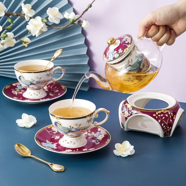 Englisches Teeservice aus Bone China mit Phoenix-Motiv und Stövchen