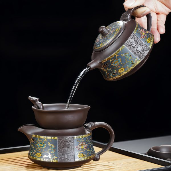 Fugui Themed Engraved Floral Yixing Clay Chinese Gongfu Tea Set - 1
