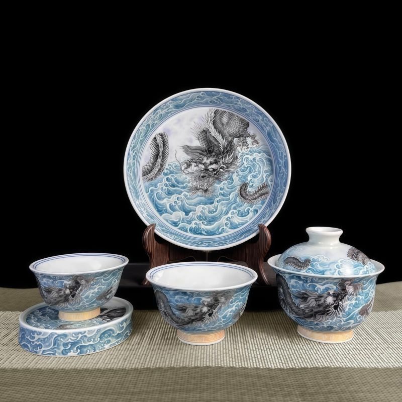 Jingdezhen Chinese Dragon Porcelain Gaiwan Tea Set | Exquisite 5-Piece Set - 9