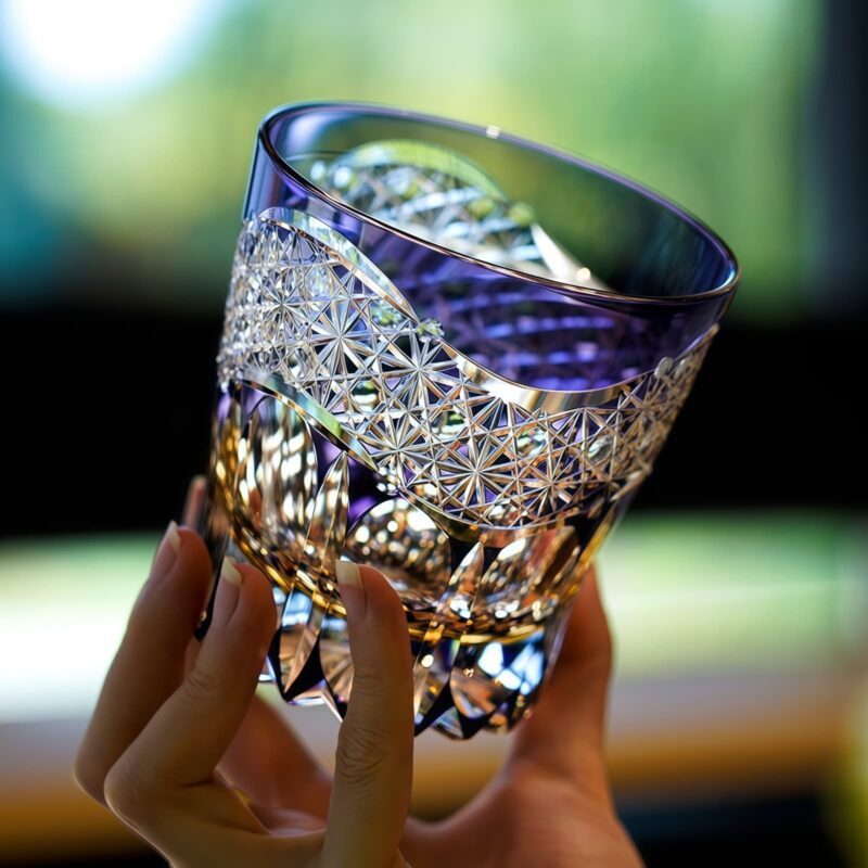 Handgeschliffenes Edo-Kiriko-Whiskyglas „Prisma“ mit Holzbox Edo Kiriko Prism Whisky Glass with Wooden Box - Geometric Brilliance - 1