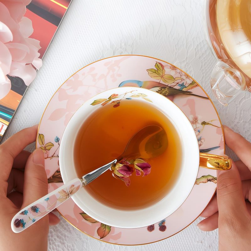 Pink Bird British Tea Set - Bone China with Warmer | Elegant Afternoon Tea - 6