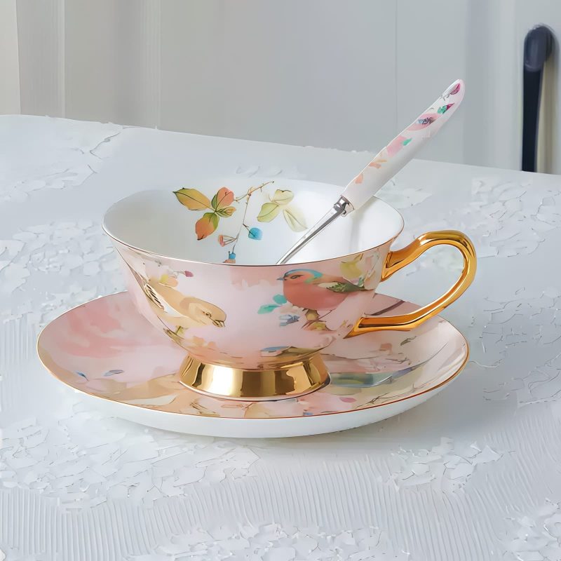 Pink Bird British Tea Set - Bone China with Warmer | Elegant Afternoon Tea - 4