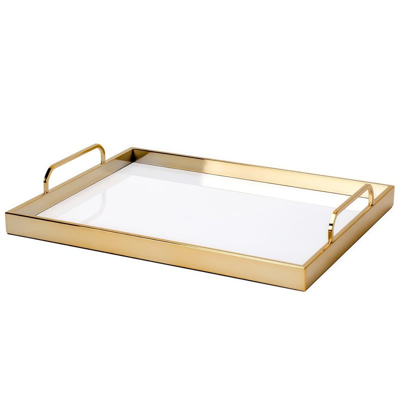 Golden Rectangle Metal Wood Decorative Tray - Elegant Serving - 9