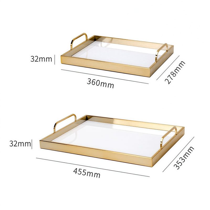 Golden Rectangle Metal Wood Decorative Tray - Elegant Serving - 7