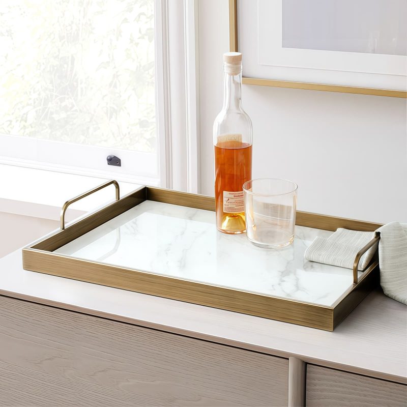 Golden Rectangle Metal Wood Decorative Tray - Elegant Serving - 8