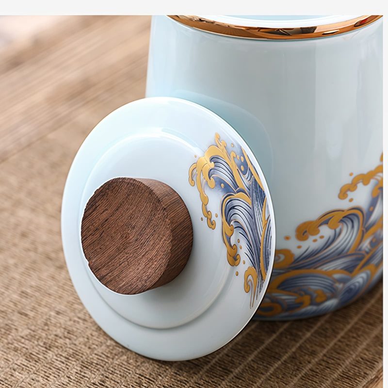 Tumbling Waves Porcelain Tea Mug with Gold Trim, Infuser & Lid (15 OZ) - 5