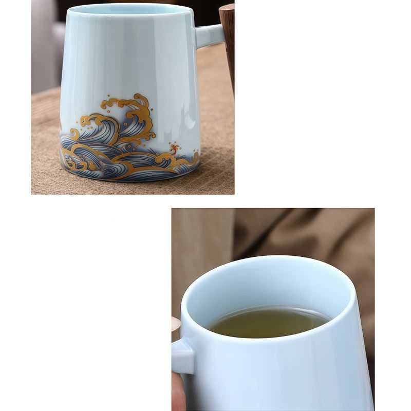 Tumbling Waves Porcelain Tea Mug with Gold Trim, Infuser & Lid (15 OZ) - 7