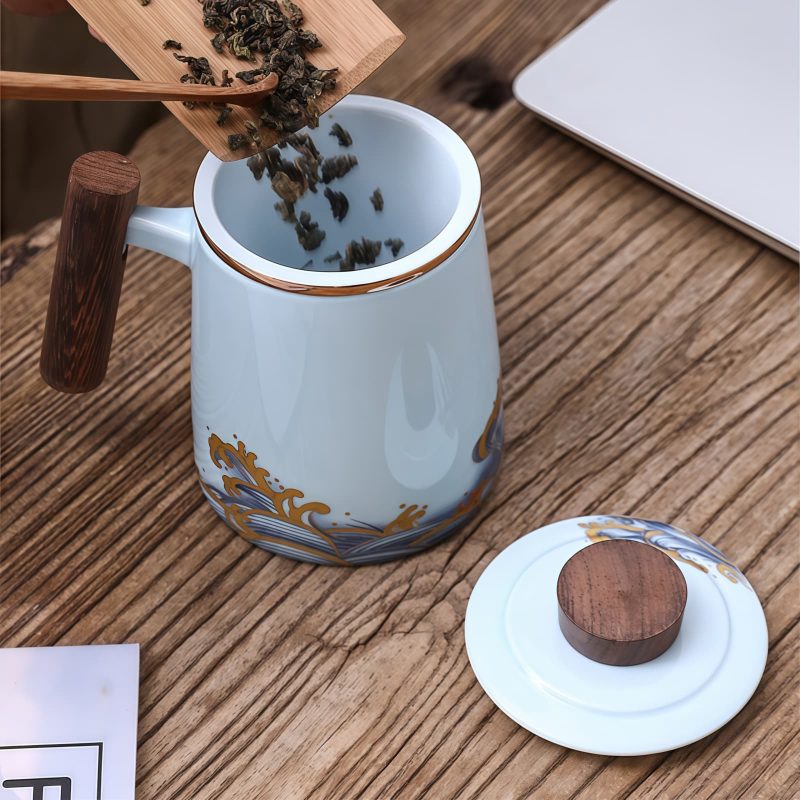 Tumbling Waves Porcelain Tea Mug with Gold Trim, Infuser & Lid (15 OZ) - 2