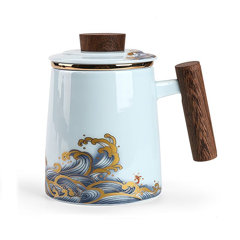 Tumbling Waves Porcelain Tea Mug with Gold Trim, Infuser & Lid (15 OZ) - 8