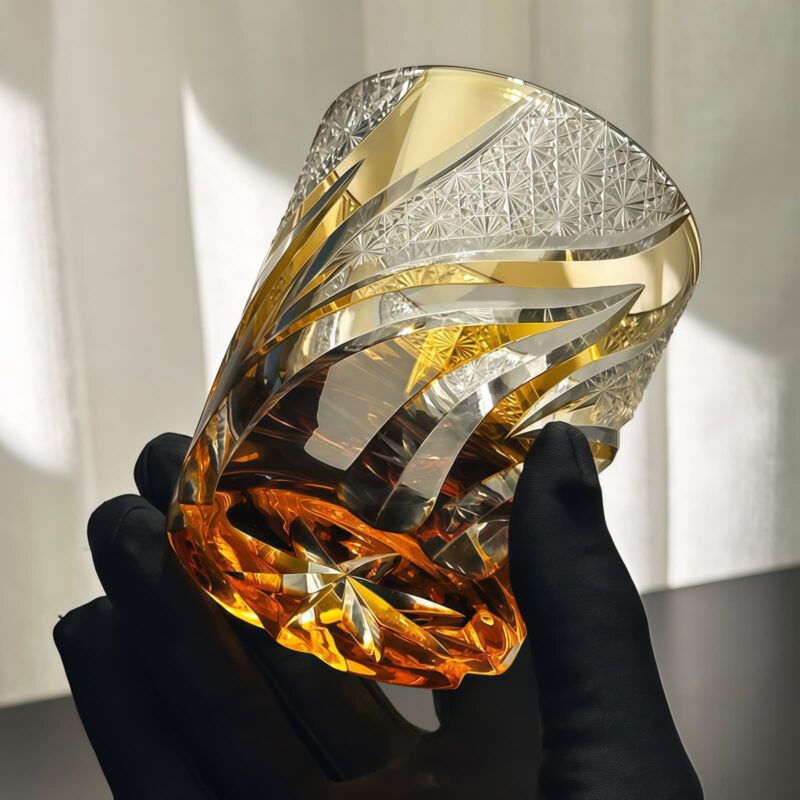 Edo Kiriko Amber Whisky Glass: Emberlight Cut Starburst Design - 3