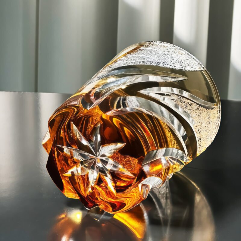 Edo Kiriko Amber Whisky Glass: Emberlight Cut Starburst Design - 2