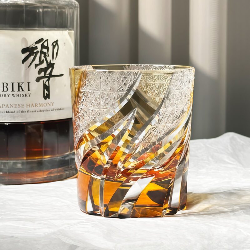 Edo Kiriko Amber Whisky Glass: Emberlight Cut Starburst Design - 1
