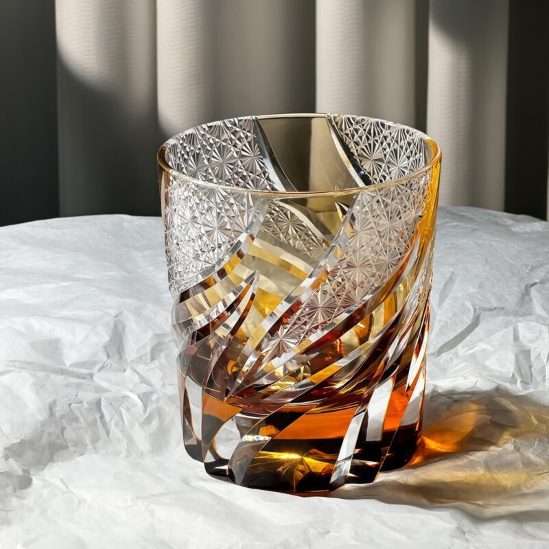Edo Kiriko Amber Whisky Glass: Emberlight Cut Starburst Design - 4