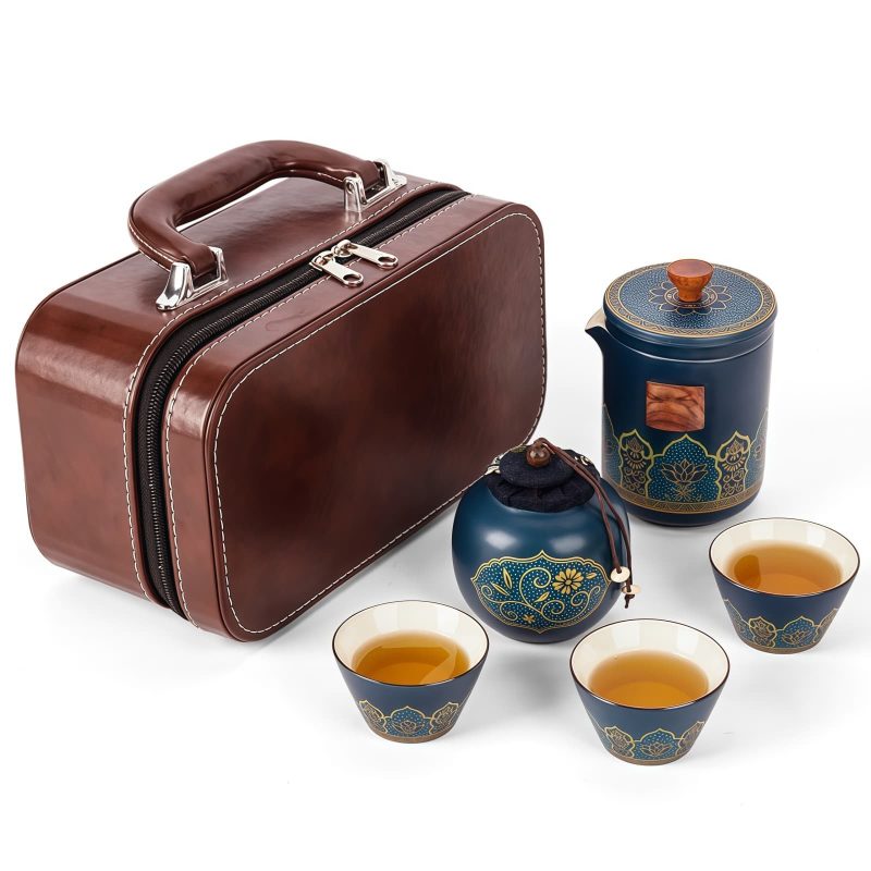 Flower Ceramic Travel Gaiwan Tea Set with Filter, Caddy & Luxury Bag - 2