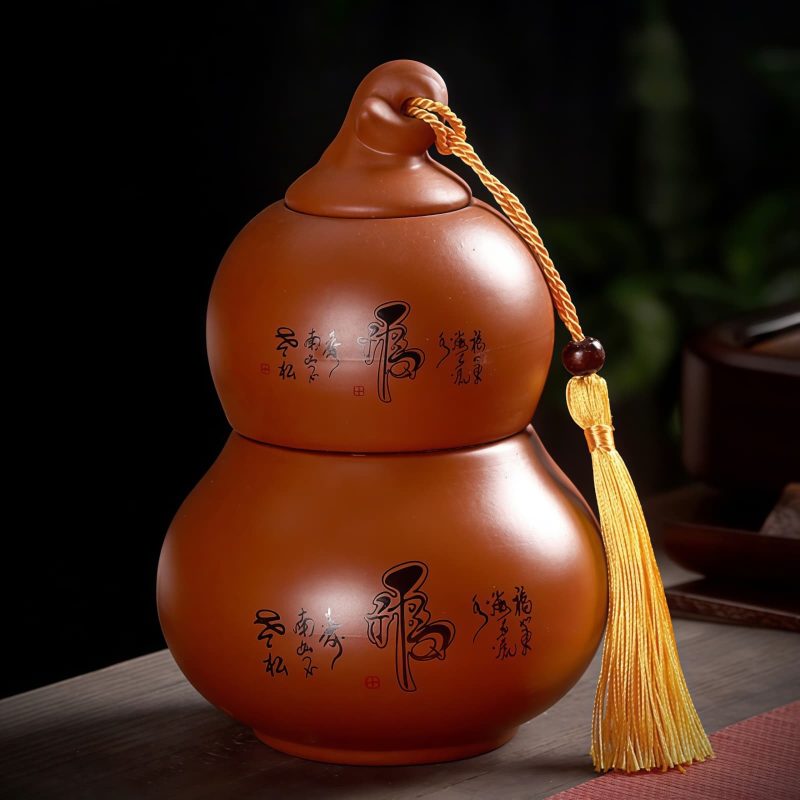 Tee-Aufbewahrungsdose aus Keramik im Zen-Design – Flaschenkürbis-Form Gourd-shaped Zen Pattern Pottery Tea Caddy for Loose Tea Storage - 1