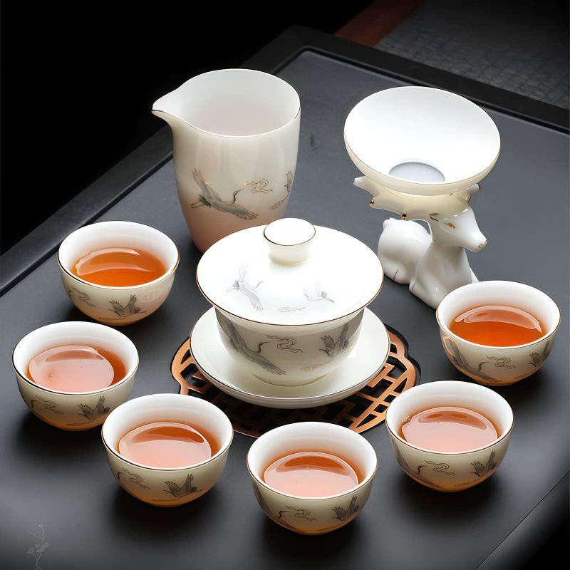 Chinesisches Gaiwan-Teeservice mit Kranich-Motiv für Gongfu Cha Crane Chinese Gaiwan Tea Set for Gongfu Cha - Authentic Ceramic Tea Ceremony - 9