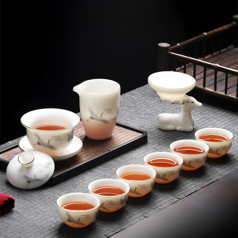 Chinesisches Gaiwan-Teeservice mit Kranich-Motiv für Gongfu Cha Crane Chinese Gaiwan Tea Set for Gongfu Cha - Authentic Ceramic Tea Ceremony - 1