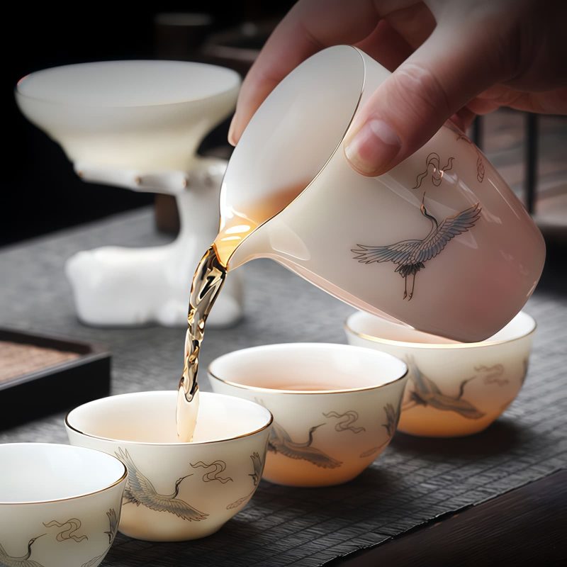 Chinesisches Gaiwan-Teeservice mit Kranich-Motiv für Gongfu Cha Crane Chinese Gaiwan Tea Set for Gongfu Cha - Authentic Ceramic Tea Ceremony - 4