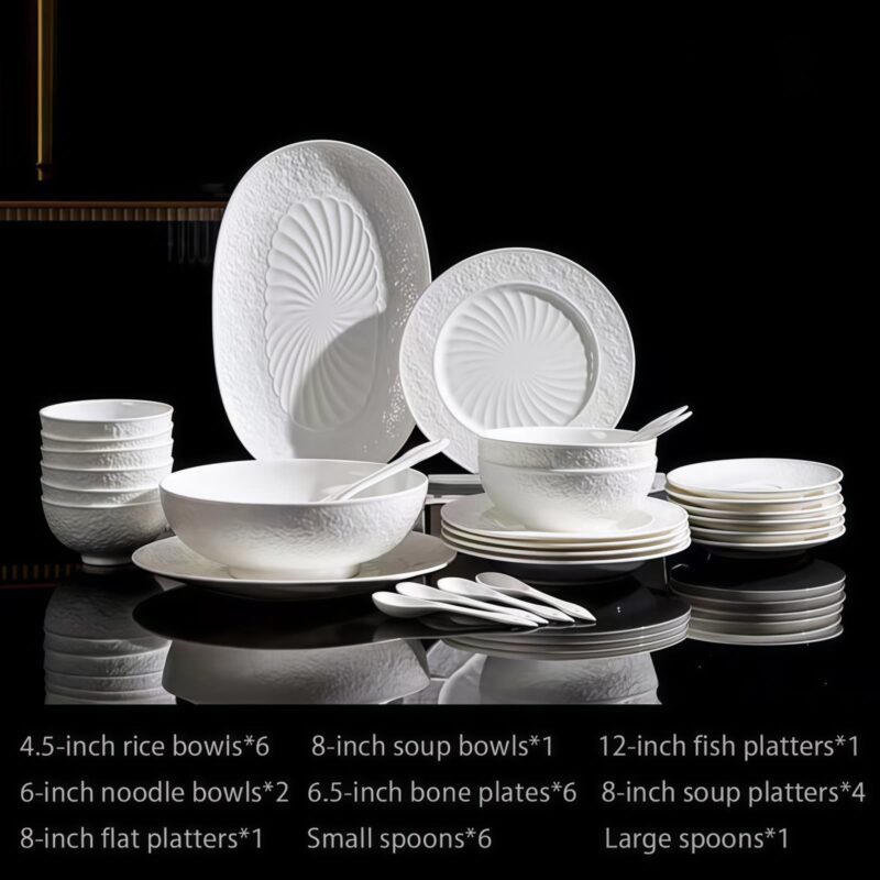 Geschirrset aus feinstem Bone China mit weißem Reliefdekor INGRI White Embossed Bone China Dinnerware Set | Handcrafted Luxury - 14