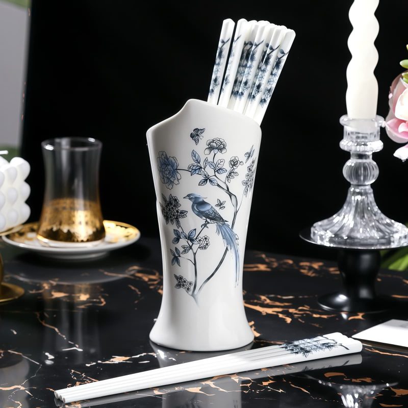 INGRI Blue & White Porcelain Bone China Chopsticks Set with Holder - 3