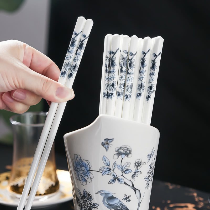 INGRI Blue & White Porcelain Bone China Chopsticks Set with Holder - 5