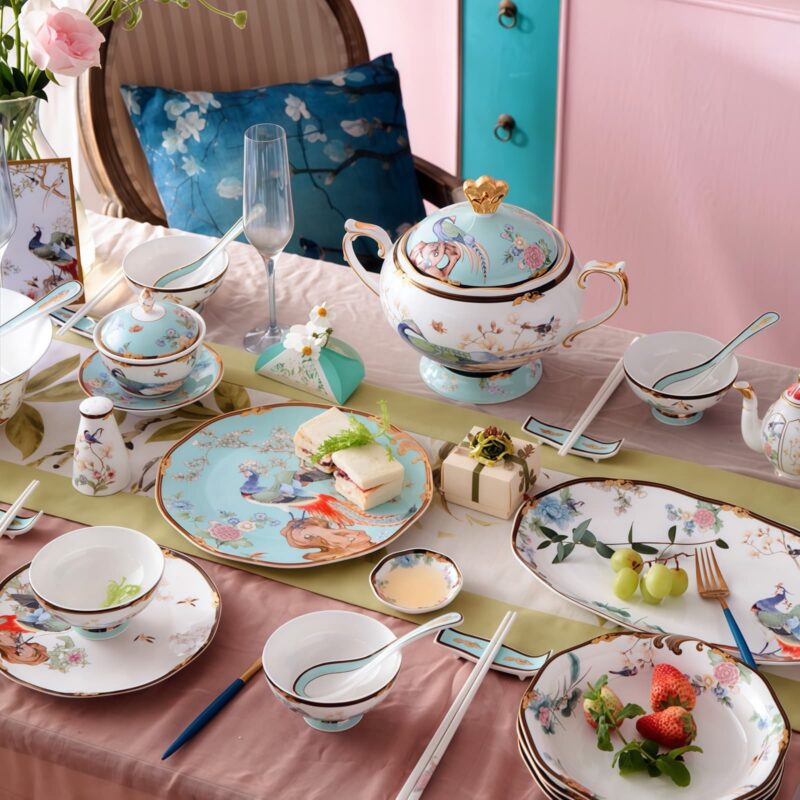 Blue Phoenix Bone China Dinnerware Set - Hand-Painted Gold Rims - 5