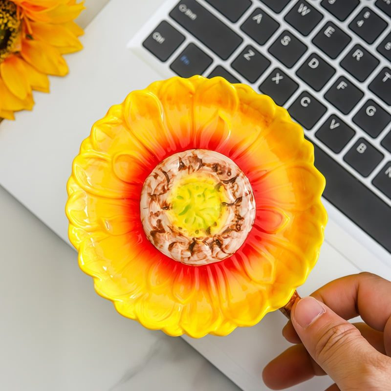 Handbemalte Sonnenblumen-Keramiktasse mit Blatthenkel und Deckel Hand-Painted Sunflower Ceramic Mug with Leaf Handle & Lid - 7