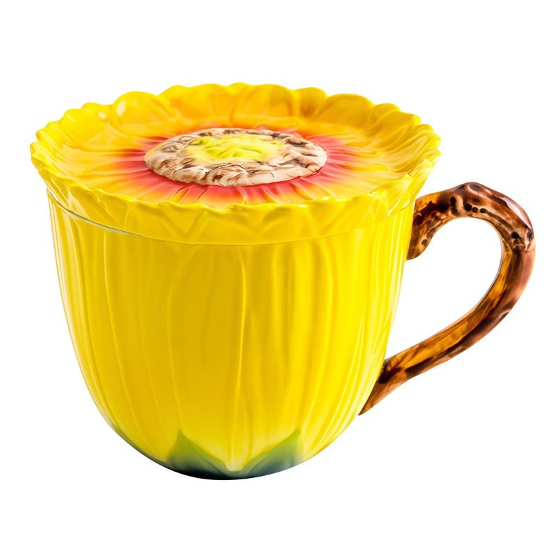 Handbemalte Sonnenblumen-Keramiktasse mit Blatthenkel und Deckel Hand-Painted Sunflower Ceramic Mug with Leaf Handle & Lid - 9