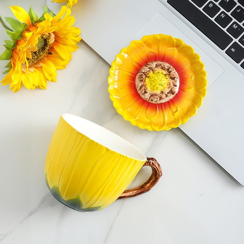 Handbemalte Sonnenblumen-Keramiktasse mit Blatthenkel und Deckel Hand-Painted Sunflower Ceramic Mug with Leaf Handle & Lid - 8
