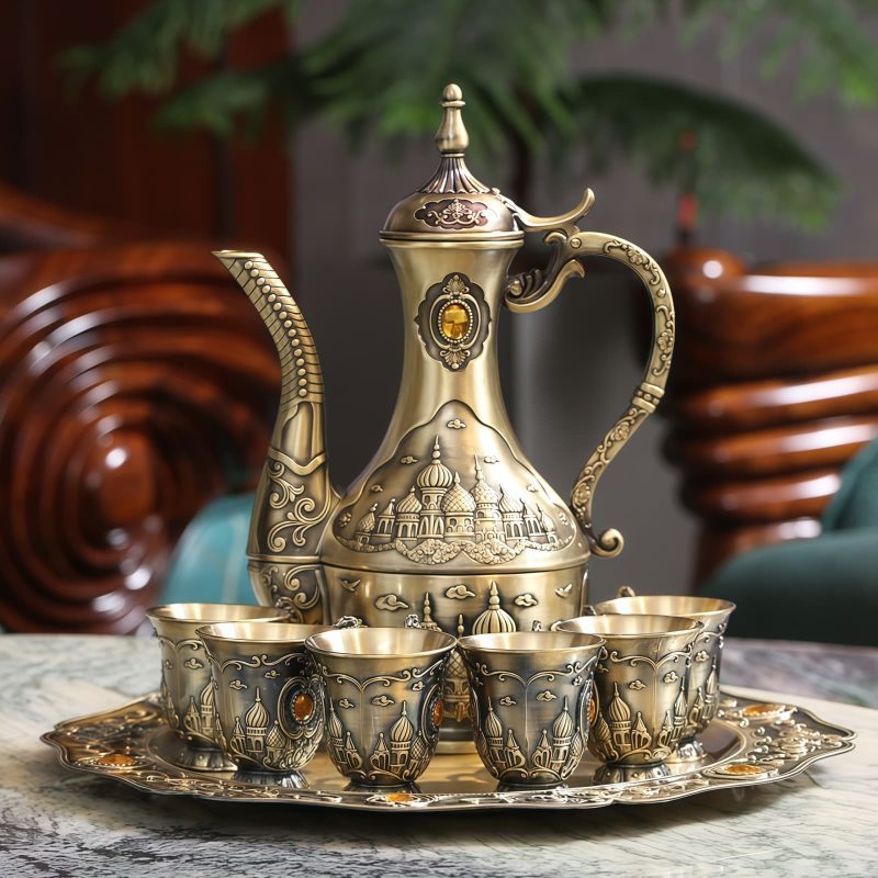 Prunkvolles türkisches Tee-Set aus Zinklegierung mit Tablett Embossed Zinc Alloy Turkish Tea Set with Tray | Palace Collection - 1