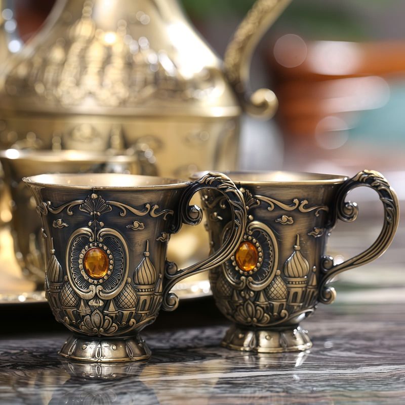 Prunkvolles türkisches Tee-Set aus Zinklegierung mit Tablett Embossed Zinc Alloy Turkish Tea Set with Tray | Palace Collection - 4