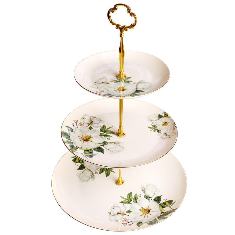 3-stufige Etagere aus Bone China mit handbemaltem Kamelien-Dekor Hand-Painted Camellia Bone China 3-Tier Cake Stand - 6