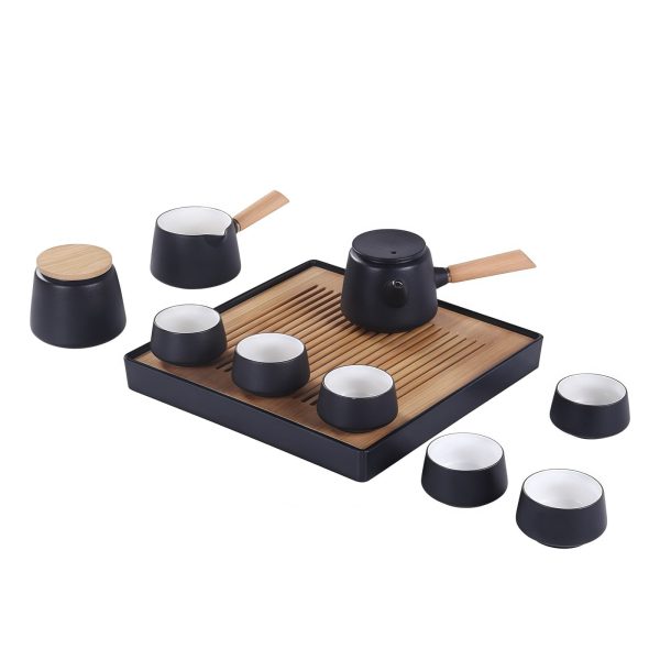 Japanisches Gongfu-Teeservice aus schwarzer Keramik mit Tablett