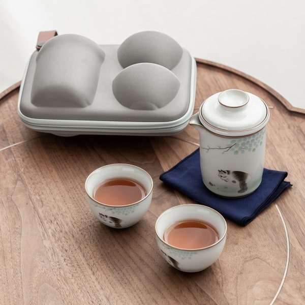 Cute Cat Pattern Ceramic Gaiwan Tea Set with Travel Bag - Perfect Gift - 4