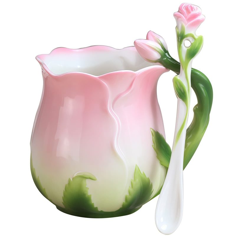 Tasse aus feinem Bone China mit Rosenknospen-Henkel und Blütenlöffel Rose Bone China Mug with Flower Handle & Spoon - Elegant Gift - 8